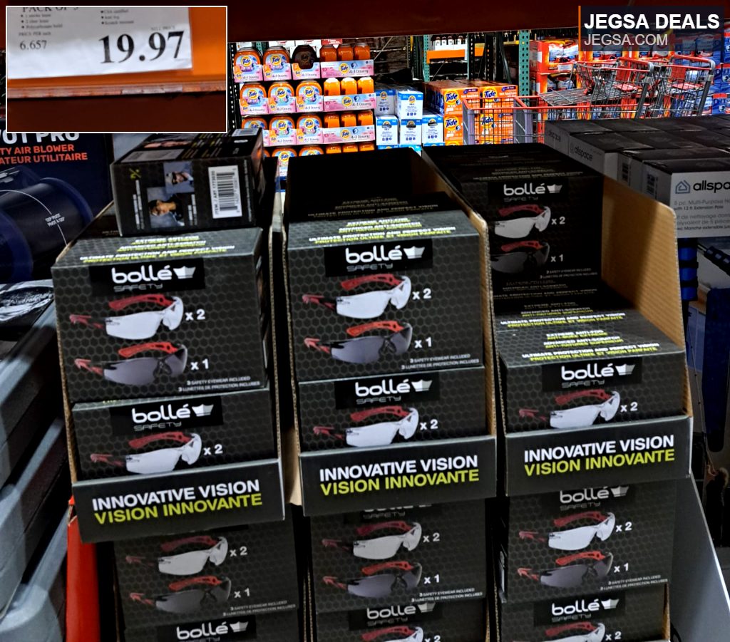 Bolle Safety Rush+ clear safety glasses, a 3-pack from Costco, offering innovative vision protection for various tasks.