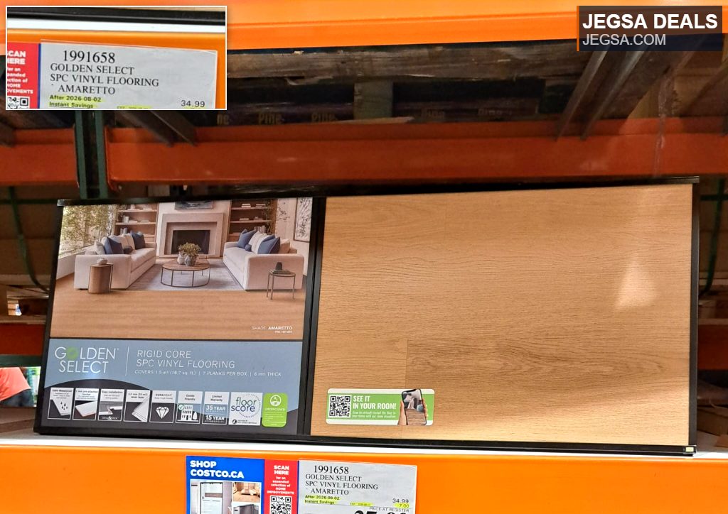 Golden Select Amaretto Rigid Core SPC Vinyl Flooring from Costco for $27.99, featuring a natural wood-look finish.