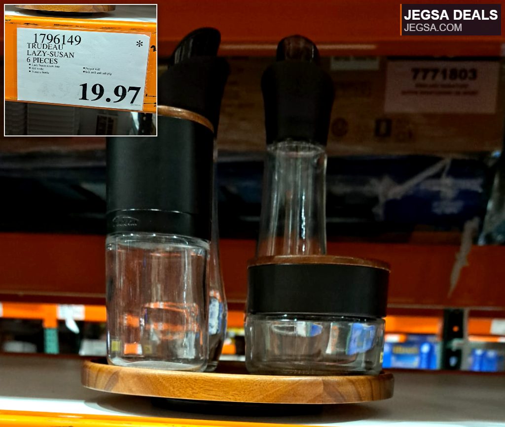 Trudeau 6-piece lazy Susan set with an acacia wood tray and glass oil, vinegar, salt, and pepper dispensers, sold at Costco for $19.97.