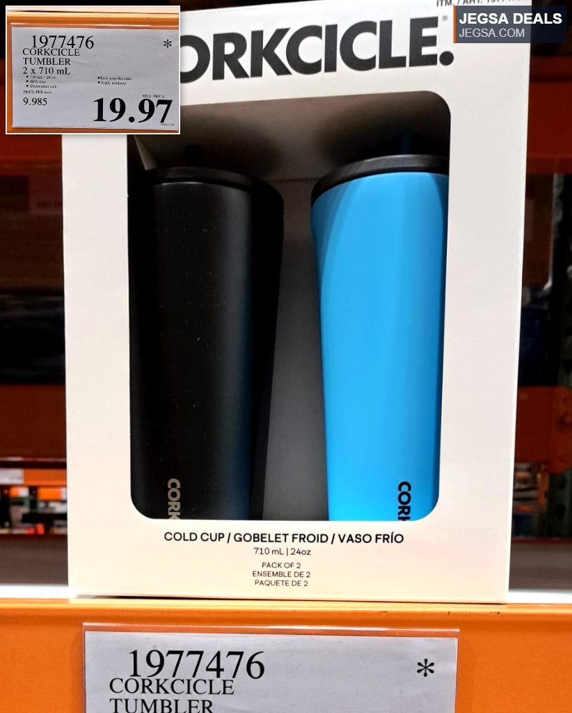 Two Corkcicle 24oz triple-insulated tumblers, one black and one blue, for cold beverages, available at Costco for $19.97.
