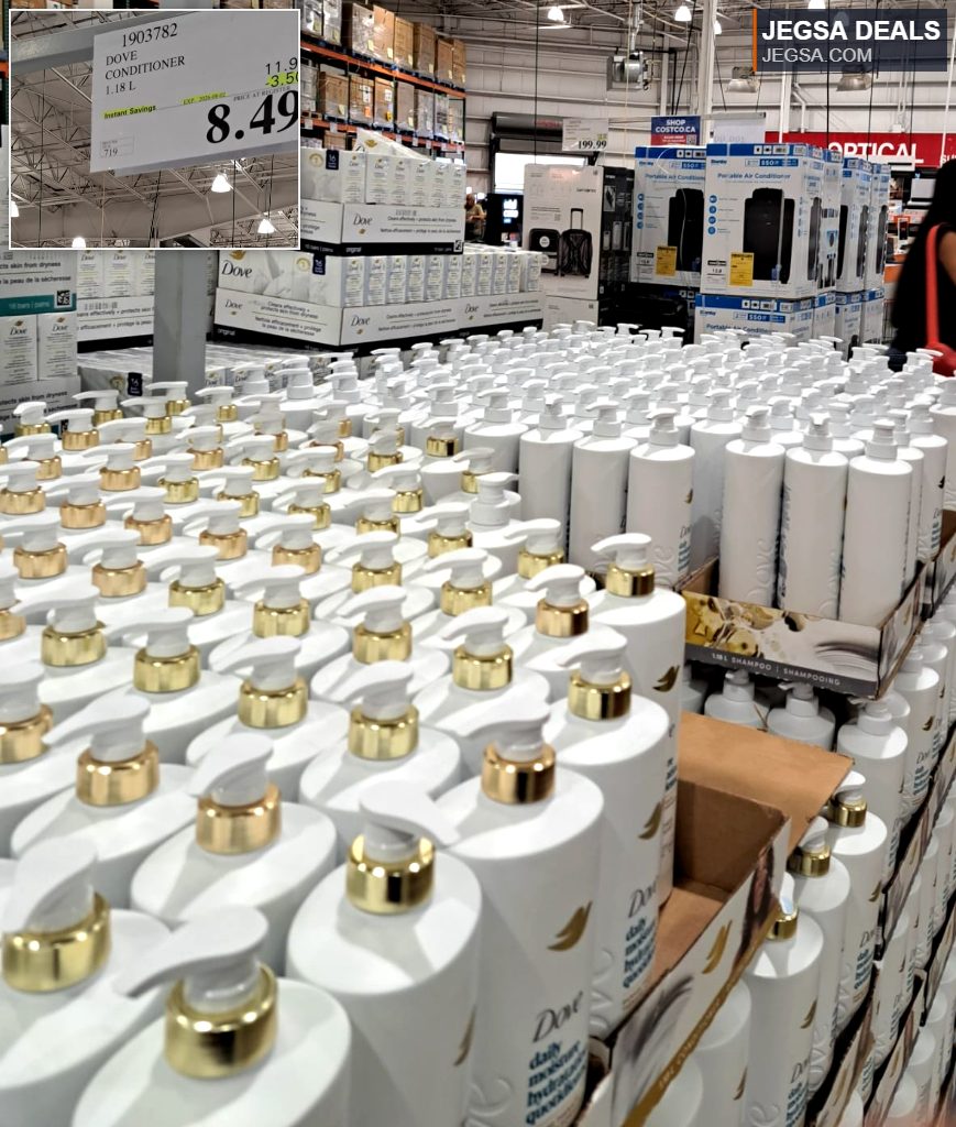 Large display of Dove Daily Moisture Hydration Conditioner 1.18L pump bottles at Costco for $8.49.