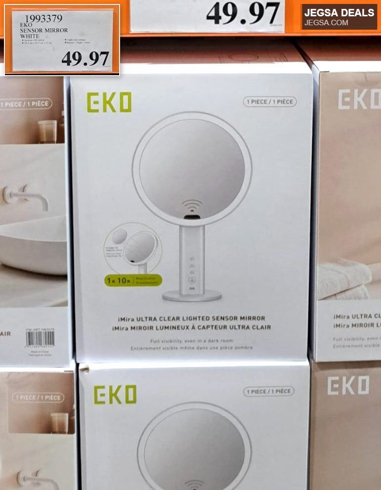 White EKO iMira Ultra Clear Lighted Sensor Mirror from Costco, ideal for personal grooming, priced at $49.97.