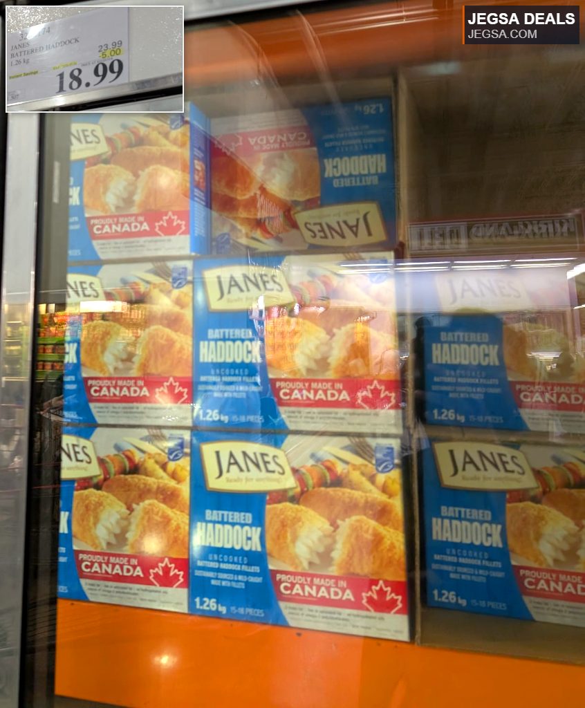 Janes Battered Haddock, 1.26 kg frozen fish fillets, proudly made in Canada, available at Costco for $18.99.