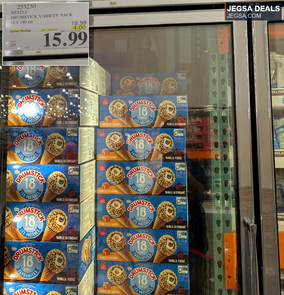 Nestlé Drumstick 18-count variety ice cream cones, a frozen treat from Costco for $15.99.