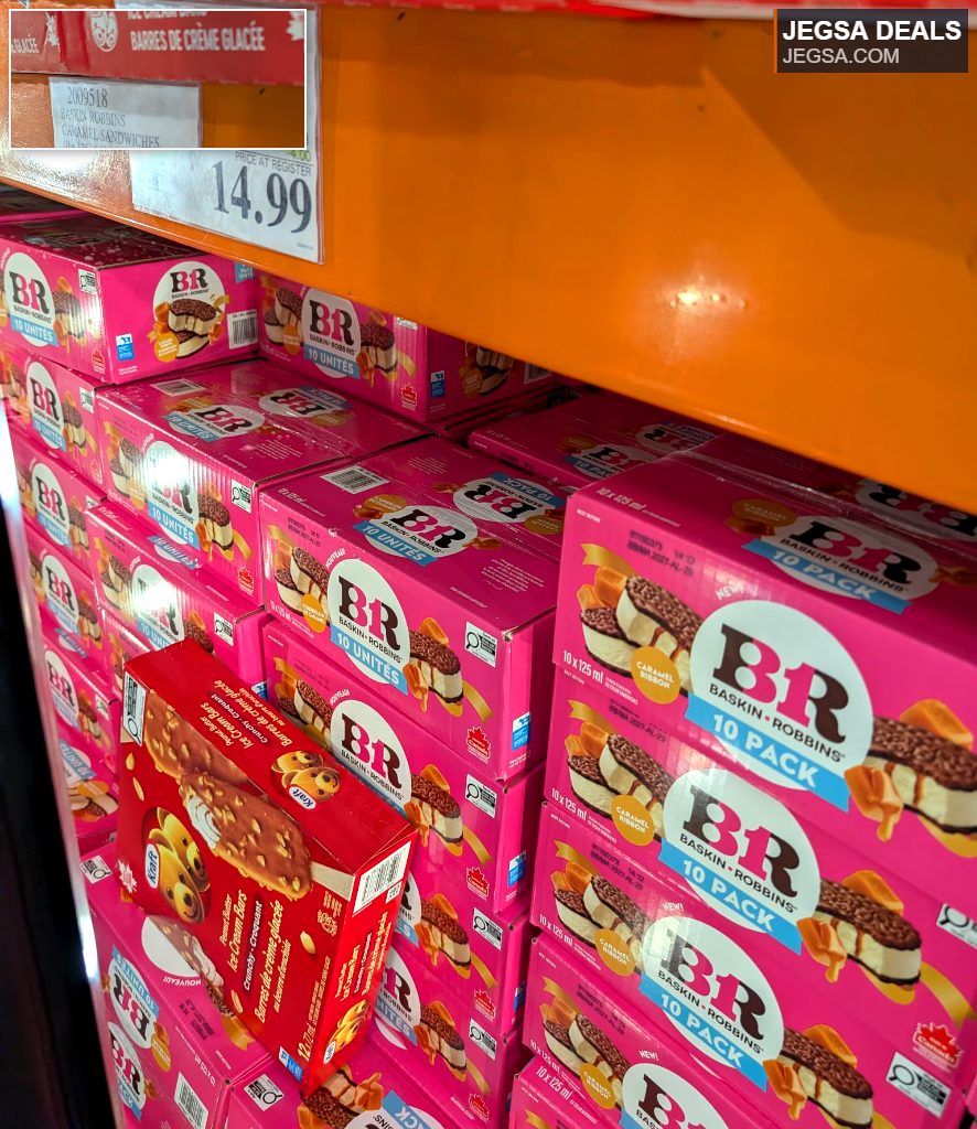 Baskin Robbins Caramel Sandwiches ice cream dessert, a 10-pack from Costco, priced at $14.99, featuring a caramel ribbon.