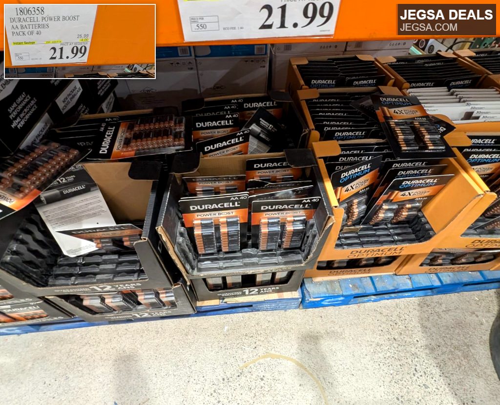 Duracell Power Boost AA batteries, 40-pack, ideal for powering various electronics, displayed at Costco.