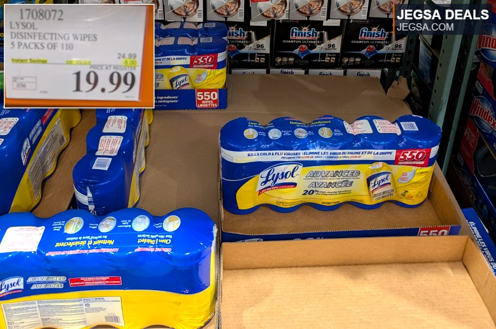 Lysol Advanced Disinfecting Wipes, 5 packs of 110, blue and yellow packaging from Costco for $19.99.