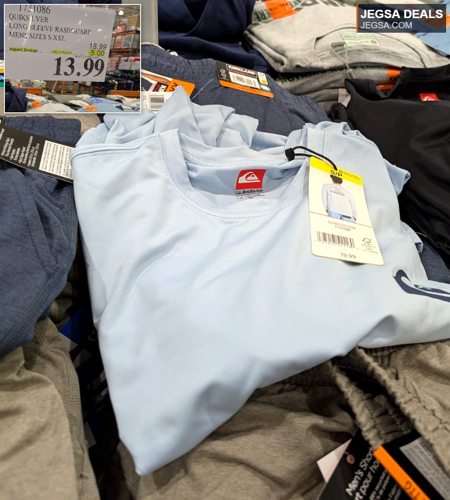 Light blue Quiksilver men's long sleeve rashguard from Costco, $13.99. Sizes S-XXL.