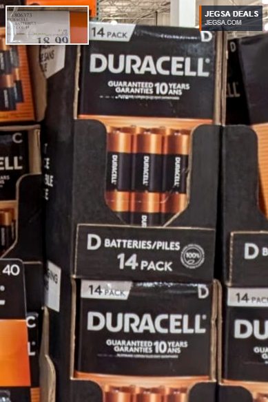 Duracell 14-pack D batteries, ideal for various electronic devices, available at Costco for $18.99.