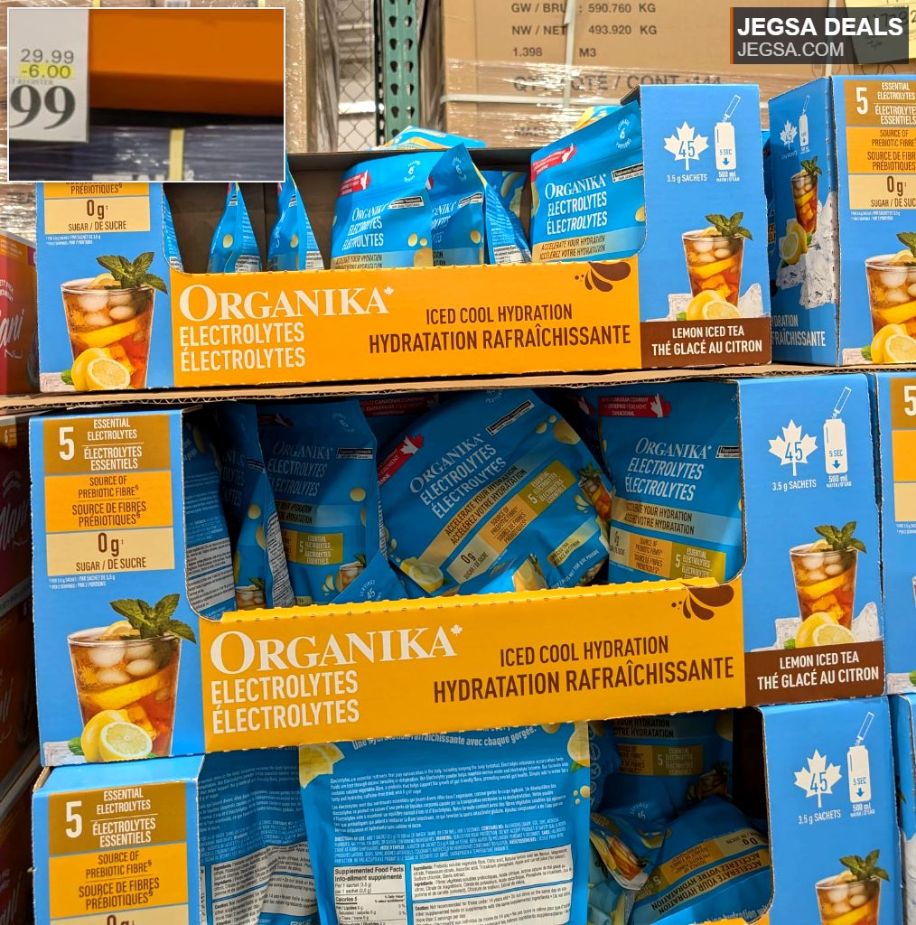 Organika Electrolytes Iced Cool Hydration Lemon Iced Tea sachets from Costco for optimal hydration.