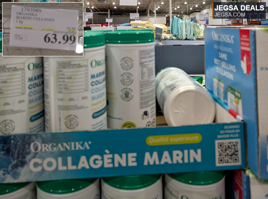 Organika Marine Collagen 1 kg supplement from Costco, priced at $63.99, supports skin and joint health.