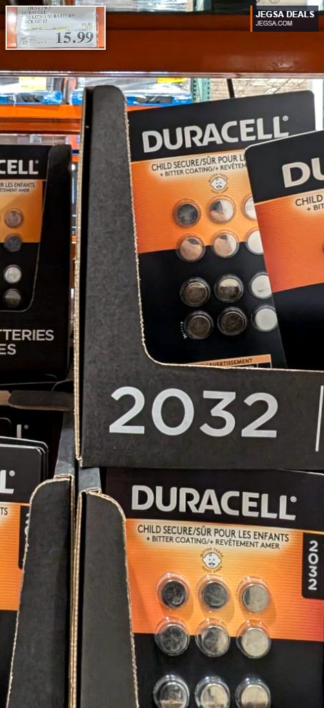 Duracell 2032 lithium coin batteries 12-pack from Costco, child-secure with bitter coating, priced at $15.99.
