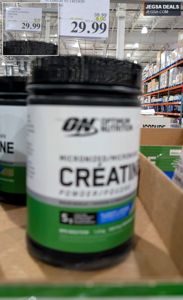 Optimum Nutrition Creatine 1.2 kg from Costco, promoting muscle growth and athletic performance for $29.99.