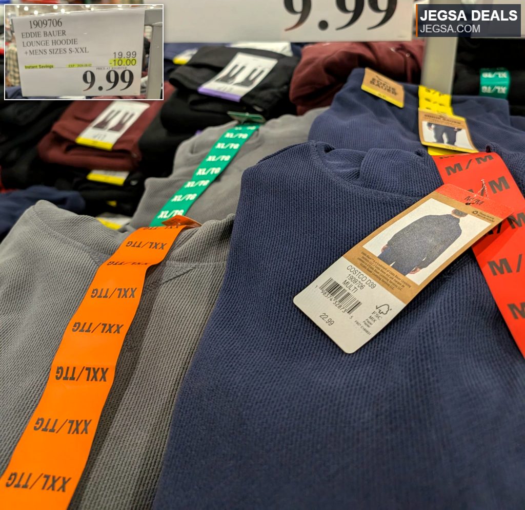 Eddie Bauer men's lounge hoodie in various colors, including grey and navy, available at Costco for $9.99 in sizes S-XXL.