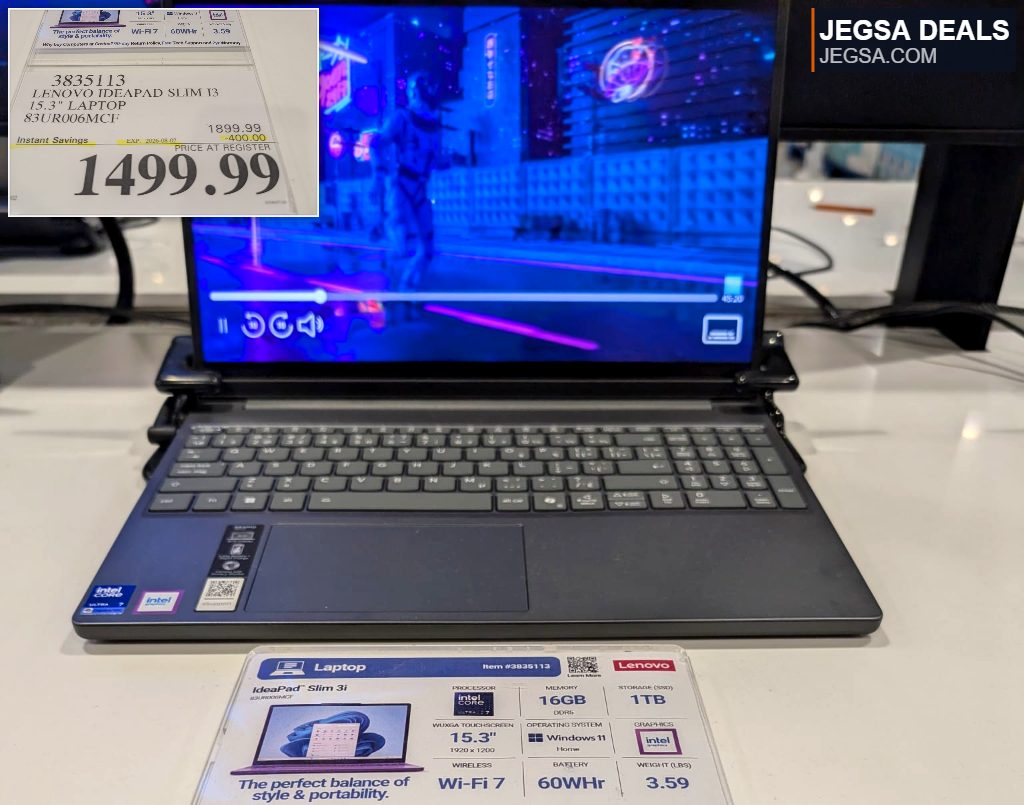 Lenovo IdeaPad Slim i3 15.3-inch laptop, model 83UR006MCF, with Intel Core Ultra 7 processor and Windows 11 Home.