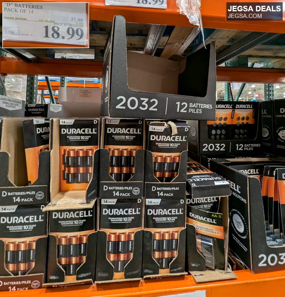 Duracell D batteries 14-pack from Costco, $18.99, ideal for high-drain devices.
