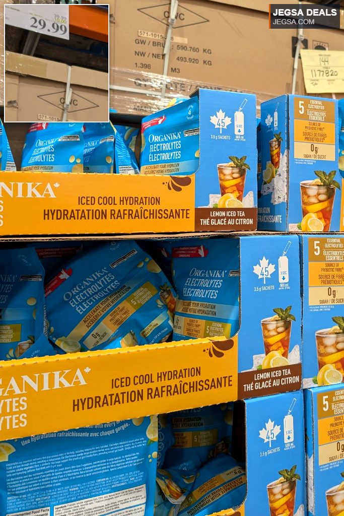 Organika Electrolytes Lemon Iced Tea powder sachets from Costco, 45 x 3.5g, for cool hydration and essential electrolytes.