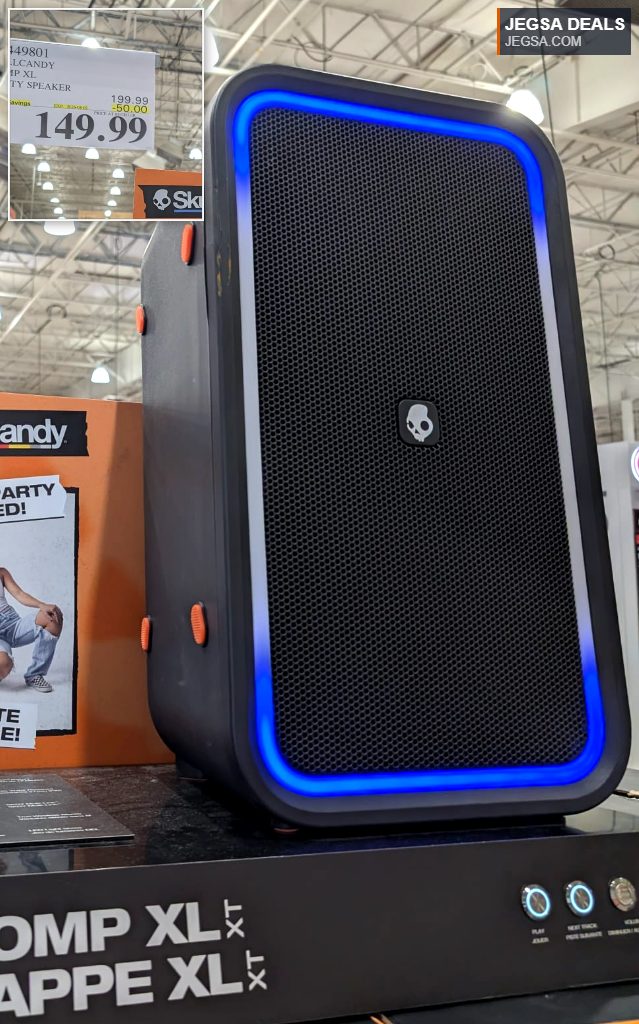 Skullcandy Stomp XL black party speaker with blue LED lights, on sale for $149.99 at Costco.