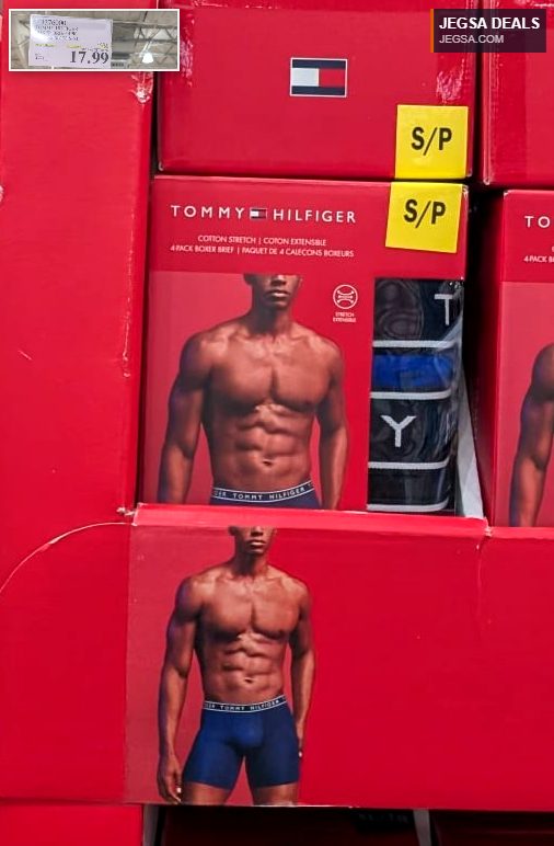 Tommy Hilfiger men's cotton stretch 4-pack boxer briefs in red packaging, displayed on a shelf at Costco for $17.99.