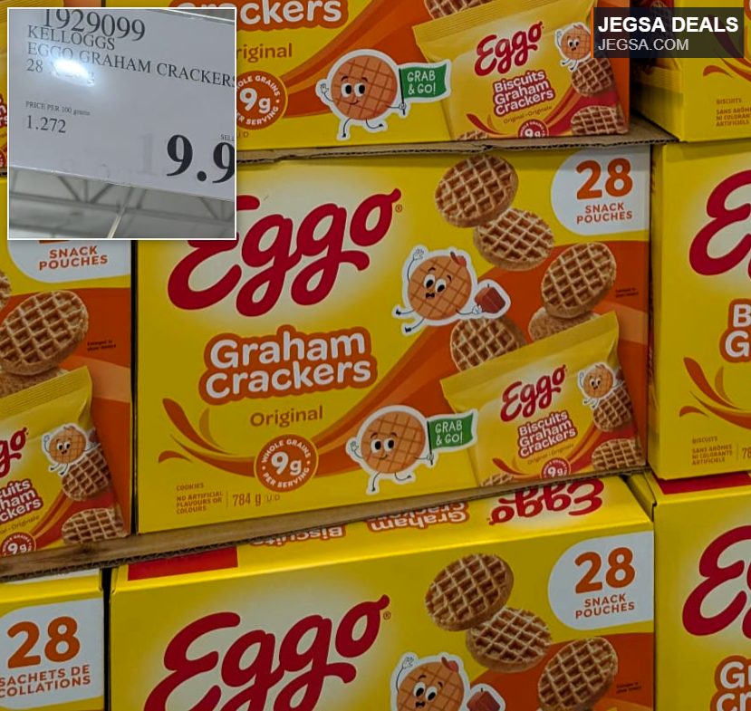 Bulk pack of Kellogg's Eggo Original Graham Crackers with 28 snack pouches from Costco, priced at $9.97.