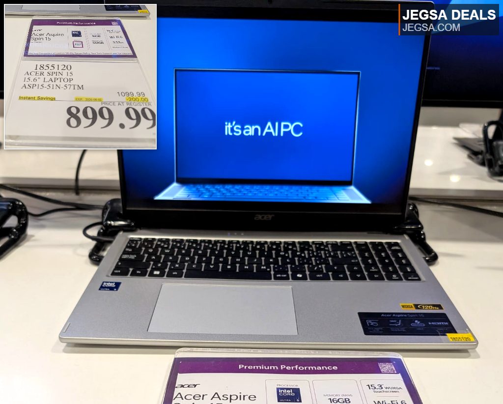 Silver Acer Aspire Spin 15.6" laptop with Intel Core Ultra 5, 16GB RAM, 512GB SSD, WUXGA touchscreen from Costco for $899.99.