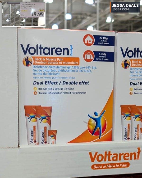 Voltaren Emulgel Back & Muscle Pain Relief 2x150g+30g from Costco, offering dual effect pain and inflammation reduction.
