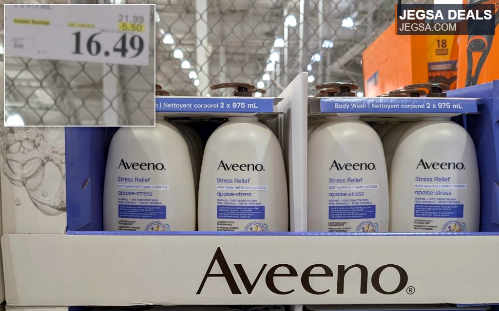 Aveeno Stress Relief Body Wash 2x975ml pack from Costco for $16.49, with lavender scent for normal to dry skin.