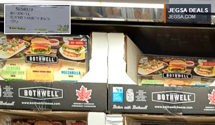 Bothwell Sliced Variety Pack cheese, 720g, featuring multiple cheese types like Monterey Jack and Mozzarella, from Costco for $11.49.