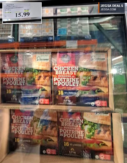 Gourmet Grille Chicken Breast Burgers (16 x 142g) from Costco, priced at $15.99 with instant savings.