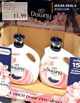 Downy Gentle Cherry Blossom fabric softener, 150 washloads, in a large white bottle from Costco, priced at $11.99.