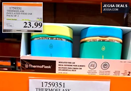 Pack of two ThermoFlask insulated food jars in blue and teal with yellow and orange lids, perfect for meals on the go from Costco for $23.99.