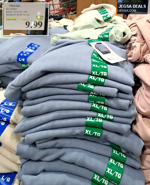 Splendid short sleeve top in blue, light green, and pink, available at Costco for $9.99, women's sizes XS-XL.