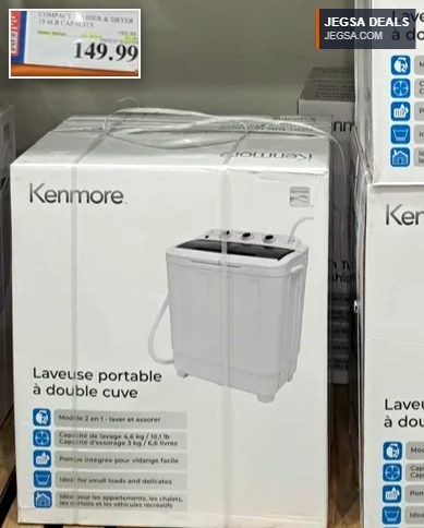 White Kenmore portable twin tub washer and spinner for small loads and compact living spaces, available at Costco for $149.99.