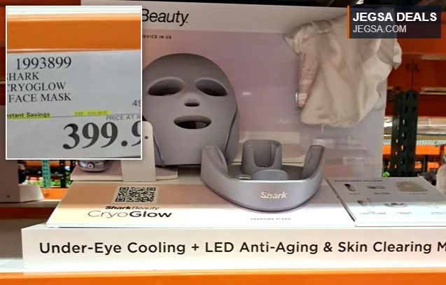 Shark CryoGlow grey LED face mask with under-eye cooling device for anti-aging and skin clearing, available at Costco for $399.99.