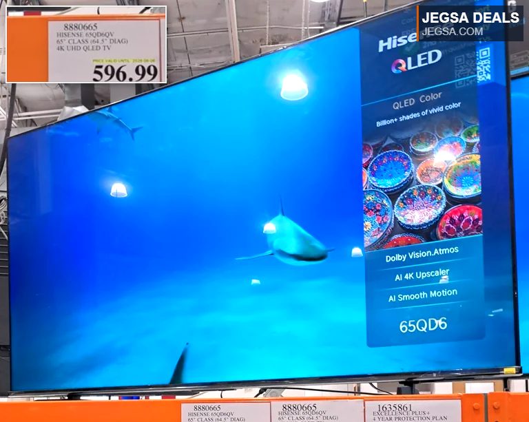 Hisense 65" Class 4K UHD QLED TV (model 65QD6QV) displayed at Costco, showcasing QLED color technology.