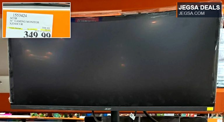 Acer 34-inch curved gaming monitor XZ340CUR from Costco, priced at $349.99 with instant savings.