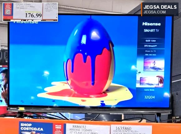 Hisense 32-inch 720P QLED Smart TV with a black bezel, displaying colorful graphics, available at Costco for $176.99.