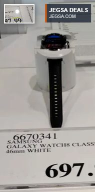 Black Samsung Galaxy Watch8 Classic 46mm smartwatch from Costco, priced $697.99, featuring advanced health and GPS.