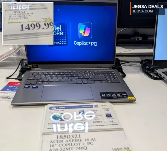 Acer Aspire 16 AI Copilot+ PC laptop with Intel Core Ultra processor, silver, available at Costco for $1499.99.