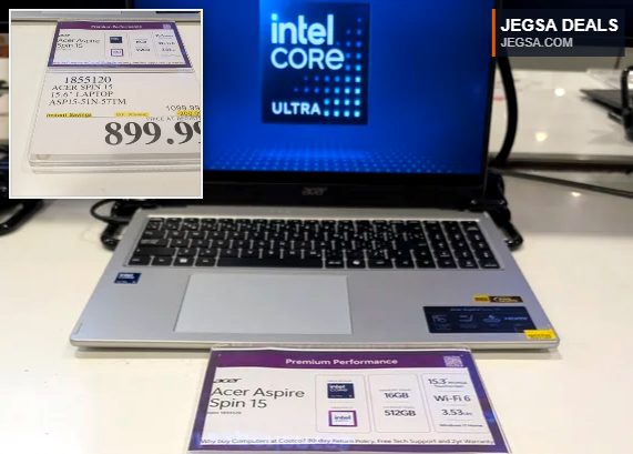 Silver Acer Spin 15 15.6-inch laptop with Intel Core Ultra processor on display at Costco for $899.99.