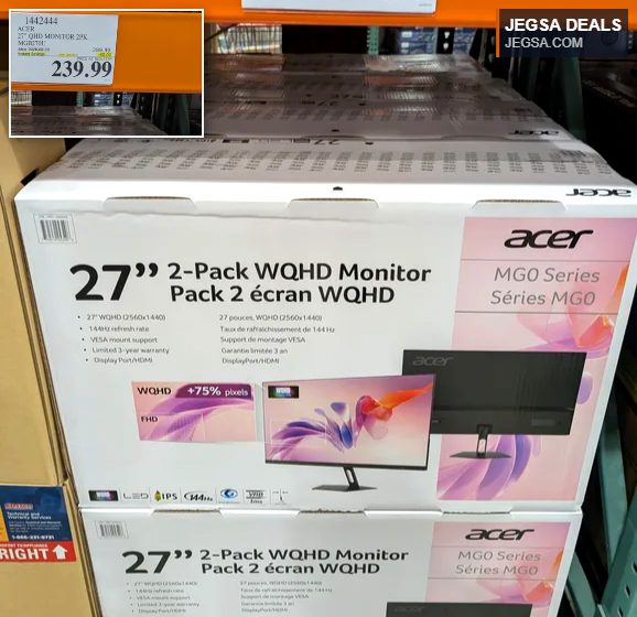 Acer 27-inch WQHD monitor 2-pack, model MGB270U, with 144Hz refresh rate, available at Costco for $239.99.