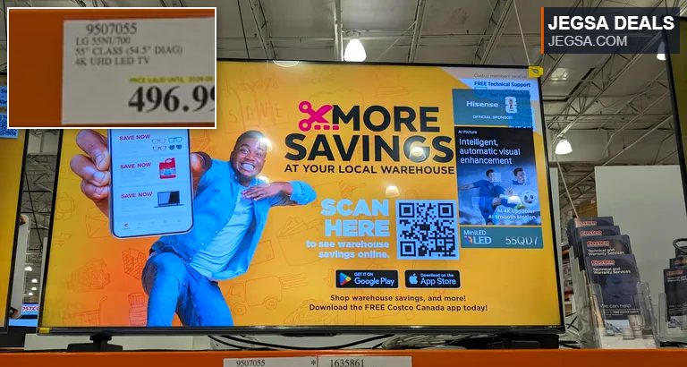 Black LG 55-inch 4K UHD LED TV, model 55NU700, displayed at Costco for $496.99, offering clear resolution.