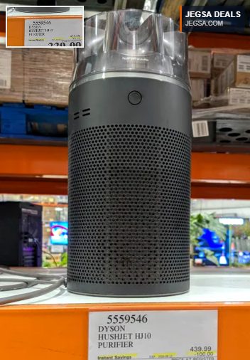 Dyson Hushjet HJ10 air purifier from Costco, $339.99, featuring a dark gray base and clear top for optimal air purification.