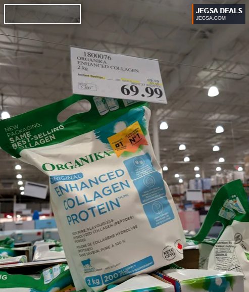 Organika Enhanced Collagen Protein, 2kg, pure hydrolyzed peptides from Costco, priced at $69.99 for skin and joint health.