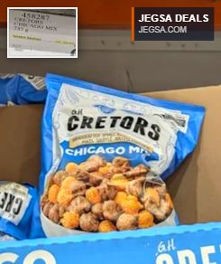 G.H. Cretors Chicago Mix handcrafted caramel and cheddar cheese popcorn snack bag from Costco, 737g, priced at $6.49.
