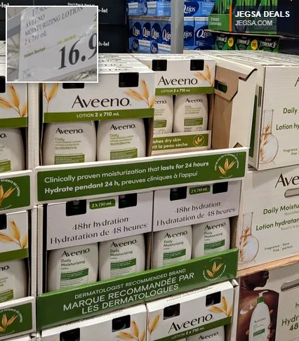Aveeno Daily Moisturizing Lotion 2 x 710 mL bottles from Costco, offering 48hr hydration for $16.99.