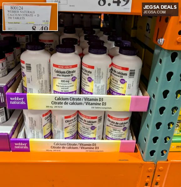 Webber Naturals Calcium Citrate + D 350 tablets for bone health, available at Costco for $8.49.