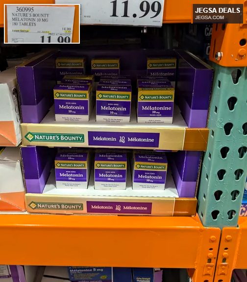Nature's Bounty Melatonin 10mg, 180 tablets, from Costco for $11.99, supports healthy sleep cycles.