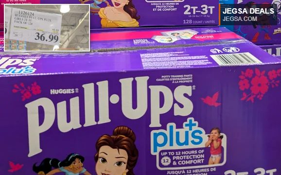 Purple box of Huggies Pull-Ups Plus training pants for girls 2T-3T with Disney Princesses, sold at Costco for $36.99.
