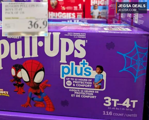 Huggies Pull-Ups Plus potty training pants for boys, 3T-4T size, featuring Spider-Man, from Costco for $36.99.